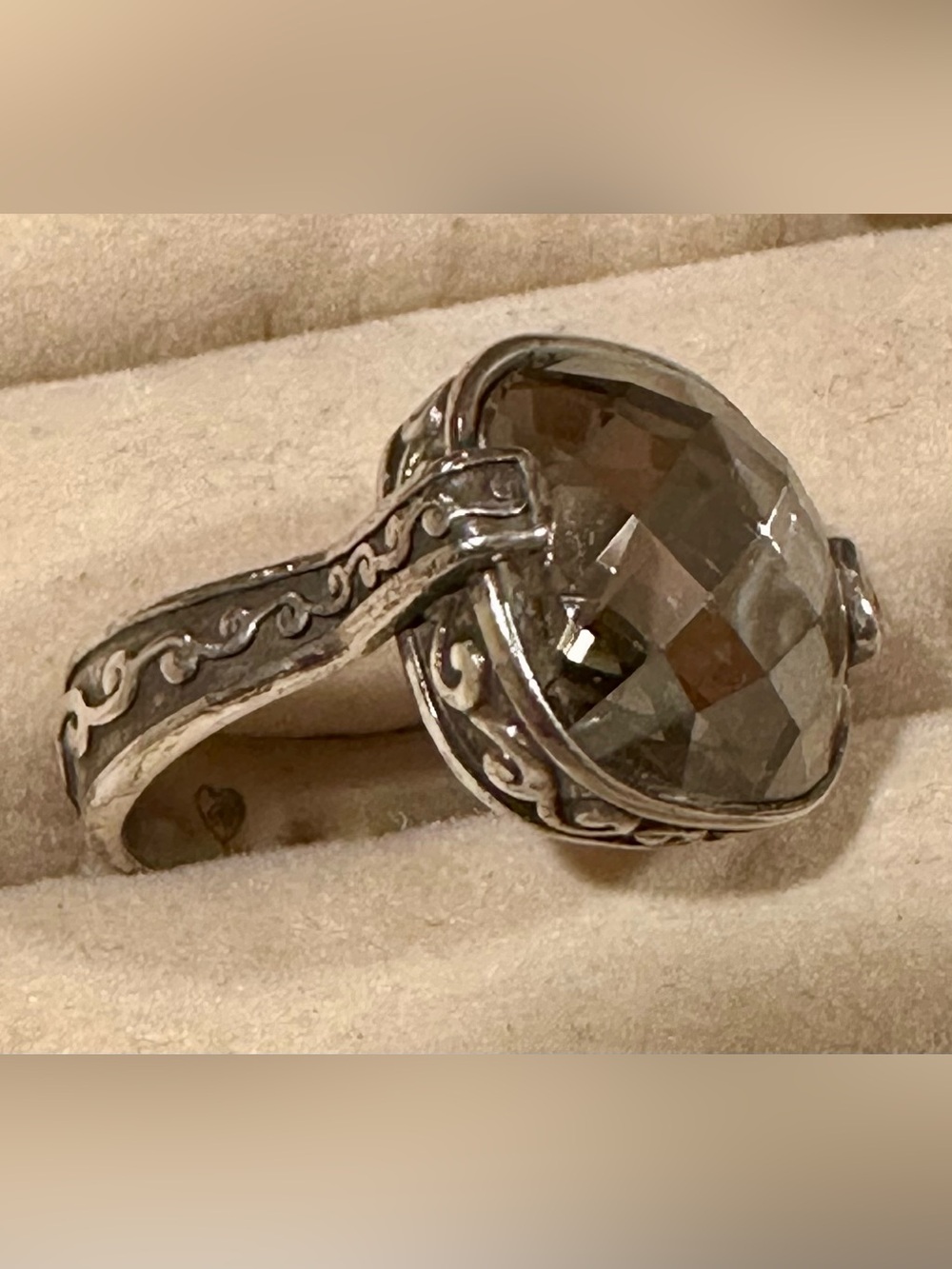 Brighton Silver-Tone Filigree Ring with Smoky Tan Faceted Stone- size 9 w/ bag